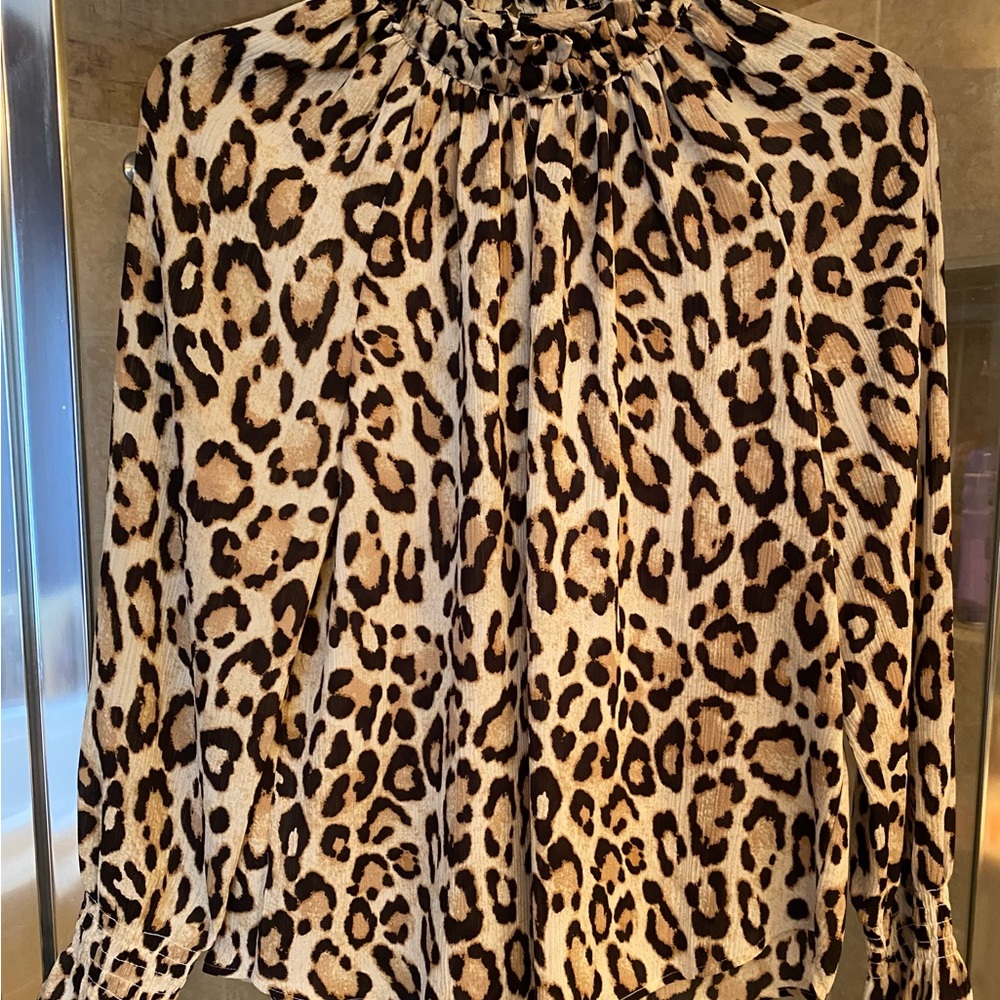 LOFT Leopard-Print Smocked-Neck Blouse in Tan and Black
